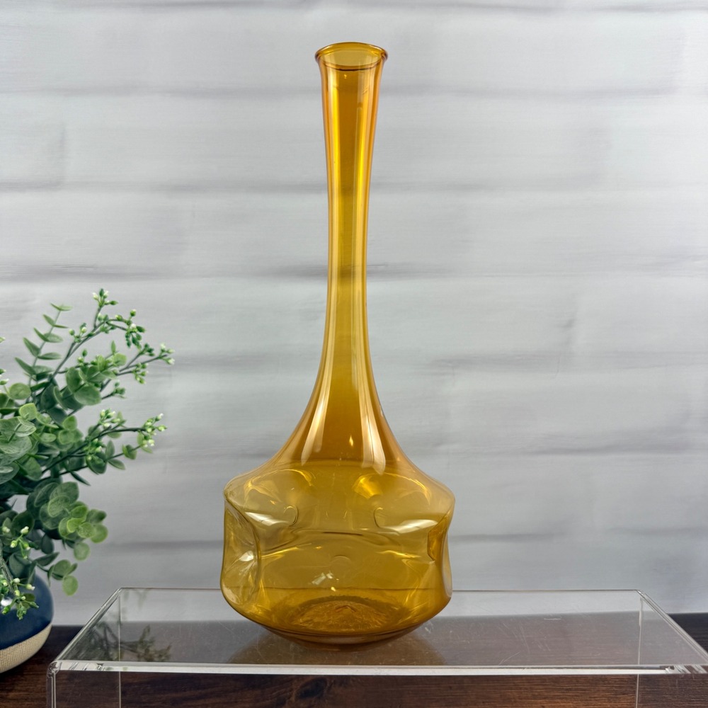 Lauscha Amber Art Glass Bud Vase Optic Dimple Mid Century German 10" MCM